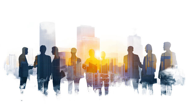 Silhouettes of business people against urban skyline at sunset