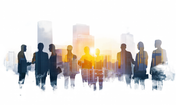 Silhouettes of business people against urban skyline at sunset