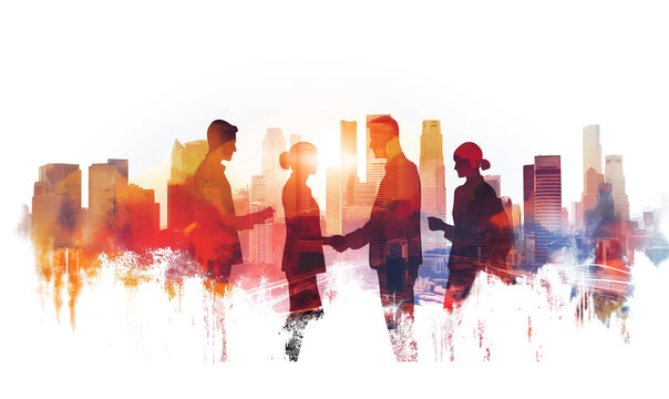 Double-exposure watercolor image of business people interacting against a cityscape backdrop