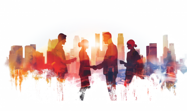 Double-exposure watercolor image of business people interacting against a cityscape backdrop