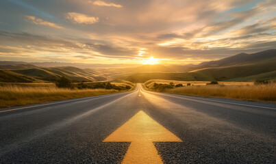 Naklejka premium A straight road with a yellow arrow pointing forward, stretching towards a sunset over rolling hills, symbolizing direction and new beginnings