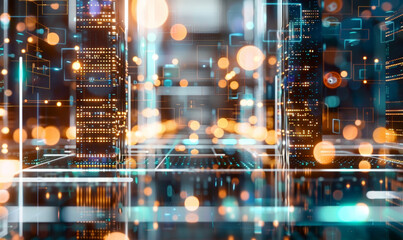 Futuristic digital cityscape with glowing lights and intricate network connections