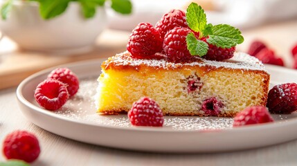 Slice of raspberry cake decorated with fresh raspberries and mint on a plate