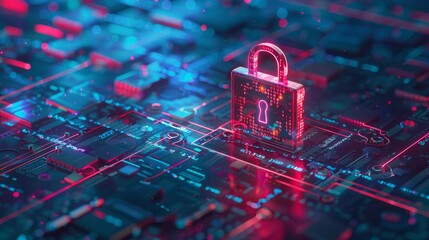 Cyber security concept. Lock, key hole on pink digital pattern background. Banner
