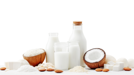 dairy free alternatives coconut milk almond rice milk on transparent background