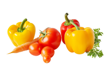 orange red vegetables carrot sweet pepper and tomato isolated on transparent