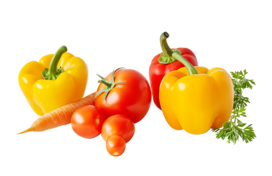 orange red vegetables carrot sweet pepper and tomato isolated on transparent