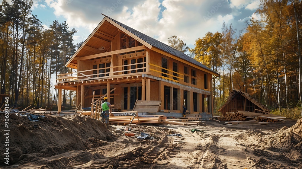 Poster worker building wooden twostory house near the forest man in work clothes and hard hat reviewing the