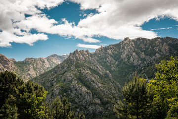 Obraz premium Jagged, rocky, mountain peaks in the interior of the Mediterranean island of Corsica