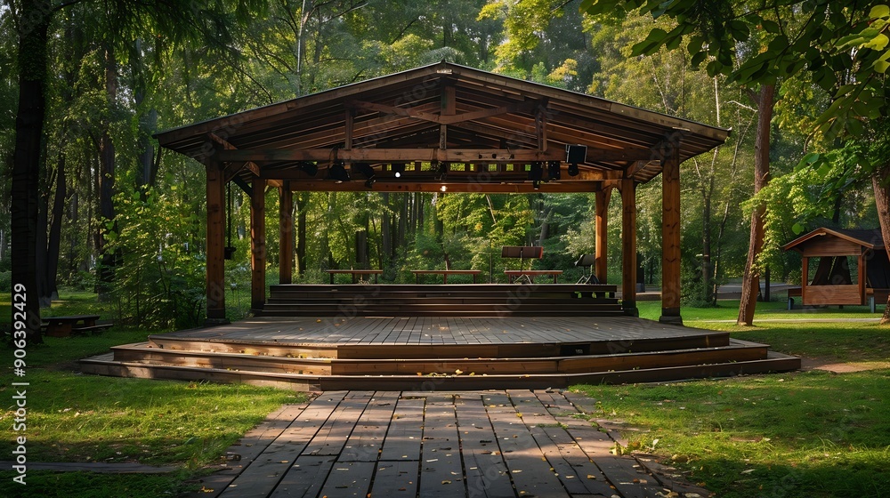 Aufkleber Empty open air stage in a park with a sound projecting roof Akniste Latvia : Generative AI