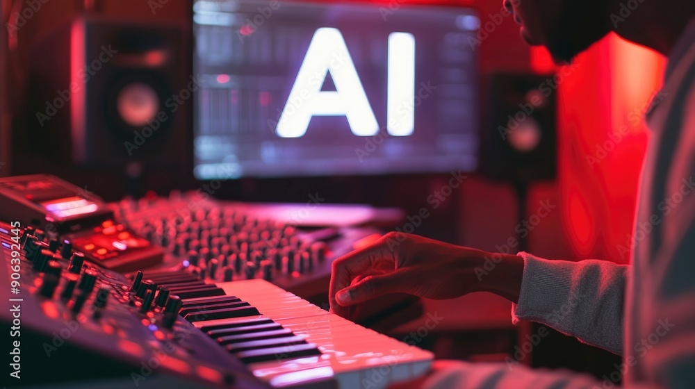 Poster person playing keyboard with ai displayed on screen