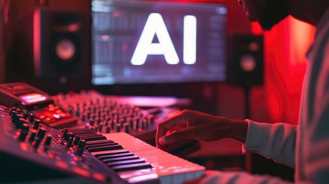 Person Playing Keyboard with AI Displayed on Screen