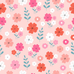 Seamless pattern with flower blossom garden. Cute hand drawn floral pattern for your fabric, summer background, wallpaper, backdrop, textile. Vector illustration