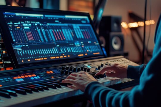 A Musician Plays a Keyboard in a Music Studio with Recording Software Open on a Computer Monitor