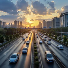 Fototapeta premium Afternoon Commute Chaos: A Bustling City Freeway Filled with Vehicles Heading to Work in the Metropolitan Rush Hour