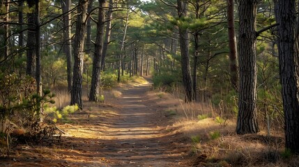 Obraz premium The Gordons Pond Trail wanders through nature at Cape Henlopen State Park on the Eastern Shore This 32mile accessible trail offers stunning views : Generative AI