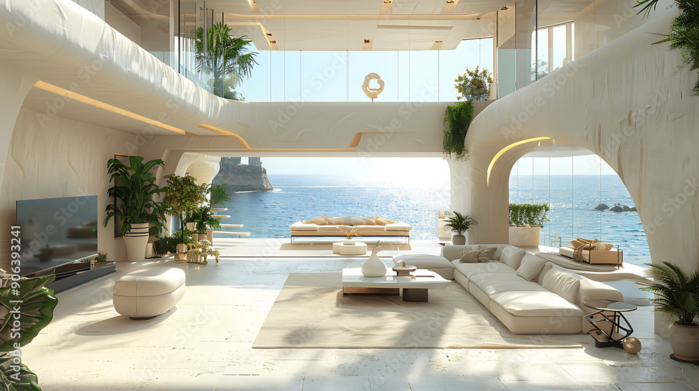 Poster interior remarkable interior architecture featuring futuristic floortoceiling windows a mezzanine an