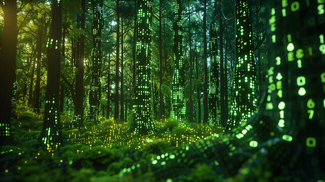 Digital forest with green matrix binary code symbolizing environmental concept