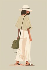 Minimalism illustration, a Middle Eastern woman, wearing a boho tunic with wide-legged pants, a bucket hat, and a large crossbody bag, standing with one hand holding the bag strap, boho woman