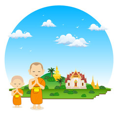 Monks and novices in a praying pose. thai culture view sky background border illustration design
