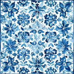 Fototapeta premium Majolica floral blue folk ceramic tile pattern isolated on white background. Traditional Portuguese and Spain decor