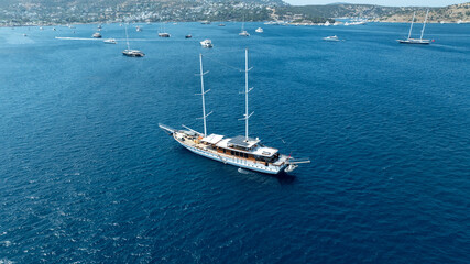 A top-down shot showcasing the sleek design of a modern yacht