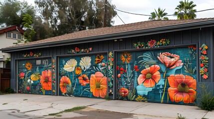 Naklejka premium A house with three garage doors painted in bright colors and flowers