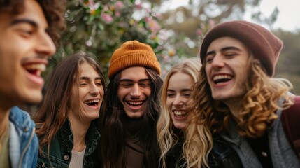 Obraz premium Group of friends enjoying time together outdoors, smiling and laughing