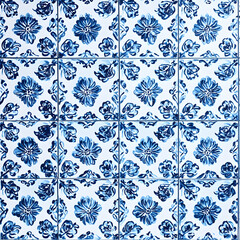 Majolica floral blue folk ceramic tile pattern isolated on white background. Traditional Portuguese and Spain decor