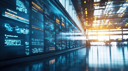 A wall of digital displays with illuminated blue and yellow code