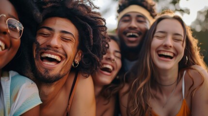 Fototapeta premium Group of friends enjoying time together outdoors, smiling and laughing
