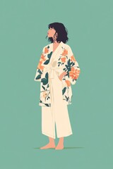 Minimalism illustration, a Middle Eastern woman, wearing an upcycled fabric kimono with natural linen pants, standing with a serene pose, eco-friendly fashion, boho, flat illustration 