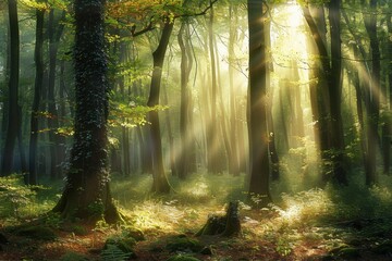 Obraz premium Sun rays filtering through trees in a tranquil forest with lush greenery and a serene atmosphere.