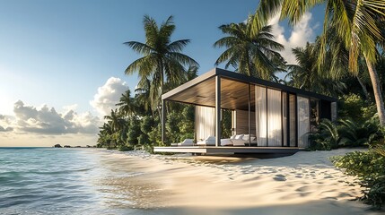 A luxury beach bungalow with an outdoor shower, built on a sandy beach with palm trees and clear skies


