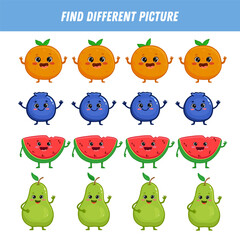 Obraz premium Find different fruit each row. Logical game for kids. Cartoon character. Orange,pear, blueberry, watermelon. Flat style. Vector illustration