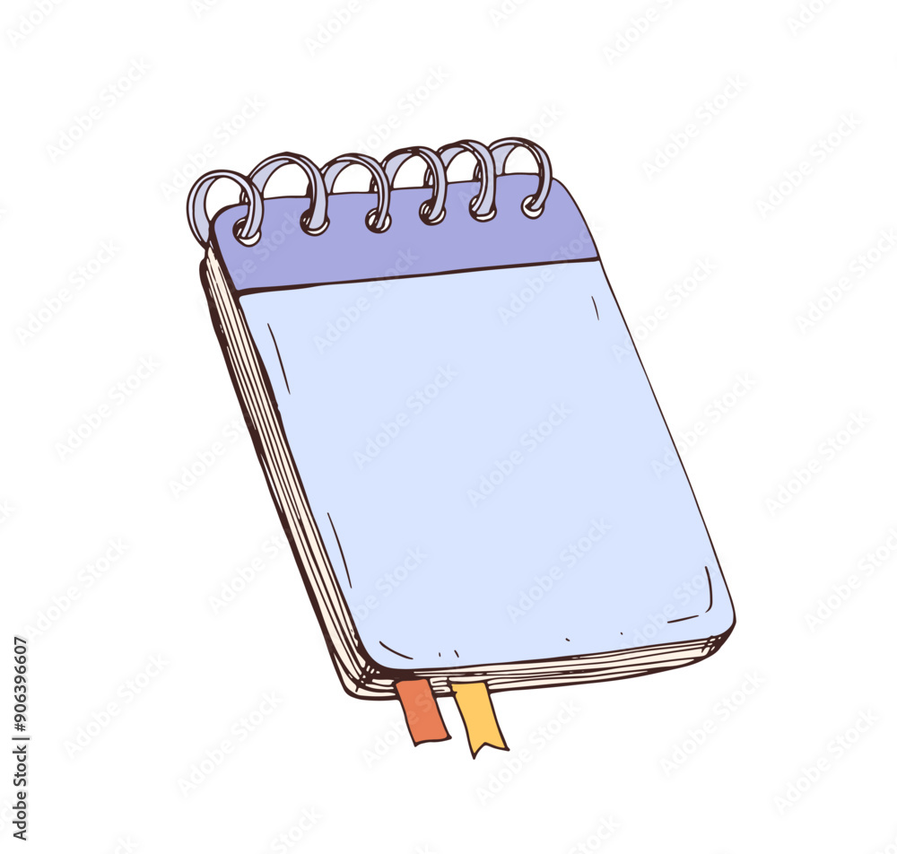 Poster Notebook, sketchbook with spiral binding. Notepad, closed vertical paper note pad with sticky bookmarks. Rings bound diary, memo book. Hand-drawn vector illustration isolated on white background