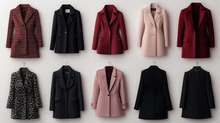 Collection of Stylish Ladies' Coats Displayed on Hangers in a Boutique Setting