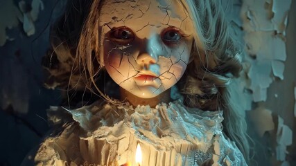 Creepy vintage doll with candle in eerie room