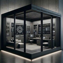 An elegant panic room designed as a stylish luxury retreat, with plush seating, a stocked mini-bar, and hidden surveillance screens, set against a backdrop of deep, calming colors and soft lighting