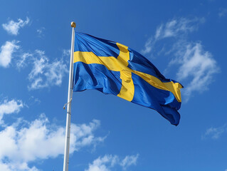 Vibrant Swedish Flag Waving Brightly Against a Clear Blue Sky