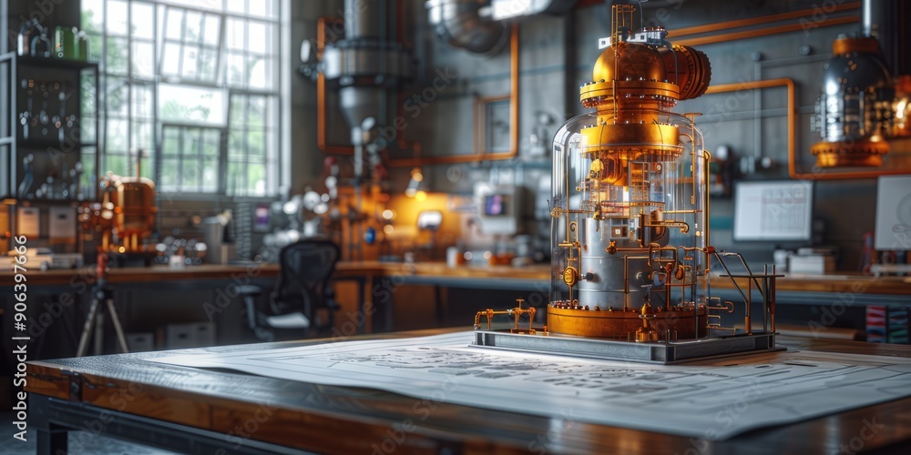 Poster scientific laboratory setup with intricate machinery model on a table with blueprints