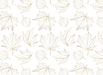 Autumn vector seamless pattern with golden maple leaves. Vector botanical autumn illustration. Luxury foliage background