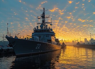 Obraz premium Sunrise over the Navy Ship