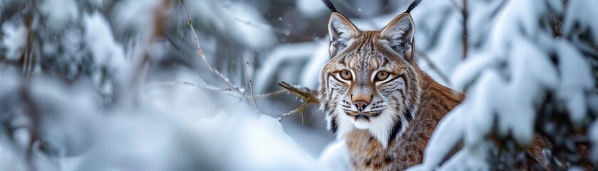 Obraz premium A majestic lynx resting in a snowy forest, showcasing its beautiful fur and piercing gaze amidst the serene winter landscape.