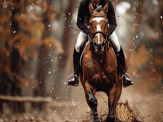 Equestrian Rider Gallops Through Autumn Forest Trail On A Rainy Afternoon