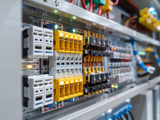 Detailed View of Industrial Electrical Control Panel With Colorful Wiring and Circuit Components in a Modern Facility