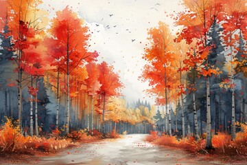 Beautiful autumn forest with a path covered with fallen leaves