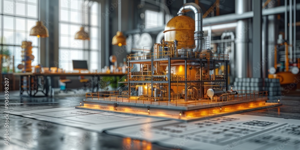 Poster industrial model of a factory displayed on a table with blueprints in a modern office