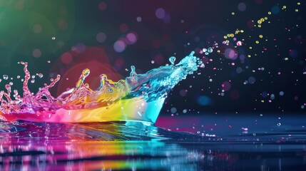 A vibrant illustration of colorful water splashes creating a rainbow arc, with vivid hues and dynamic droplets adding a sense of motion