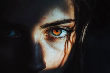 Close-up of a woman's eye with a spotlight shining on it